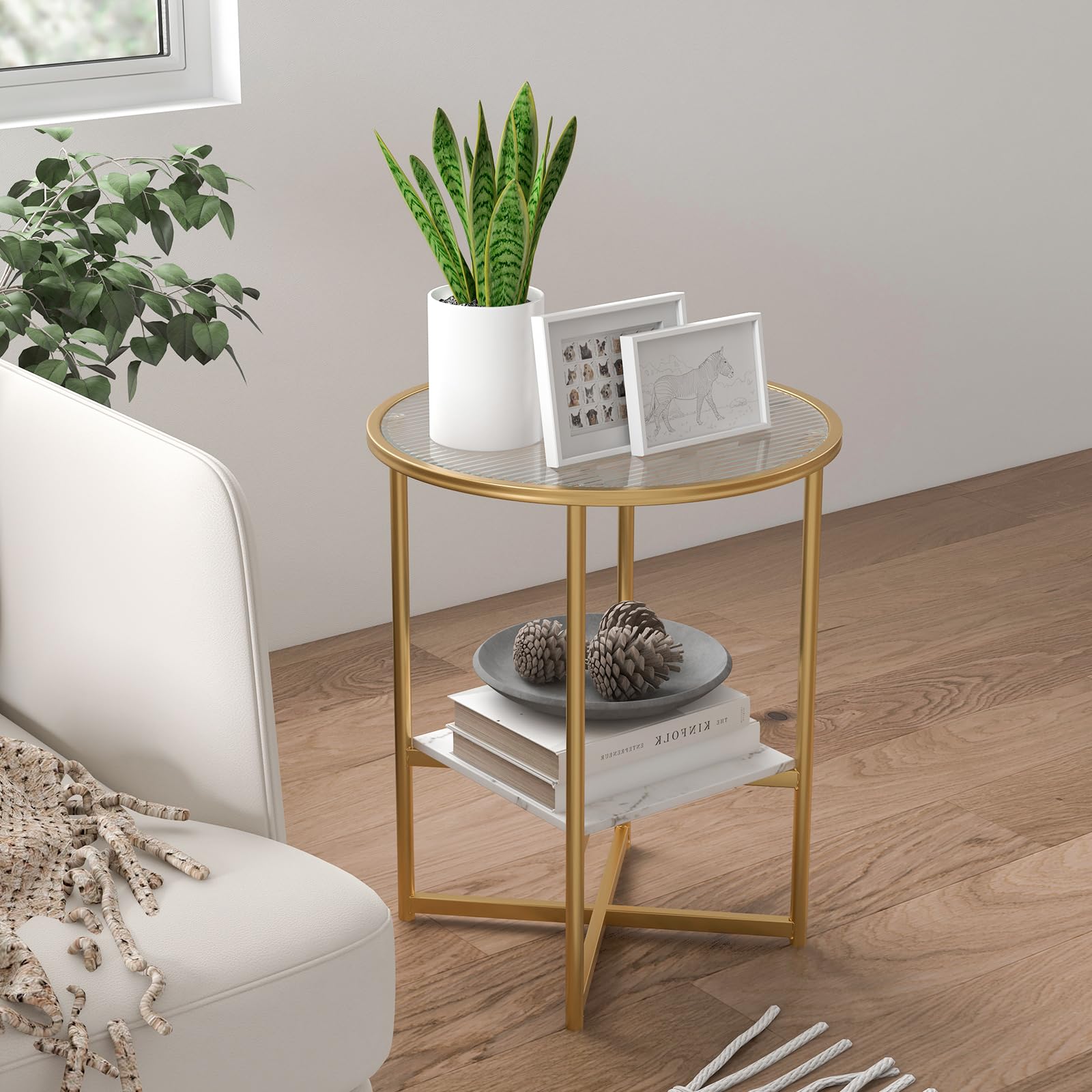 Giantex Glass End Table Set of 2, Round Side Table with Faux Marble Storage Shelf and Glass Top, Gold