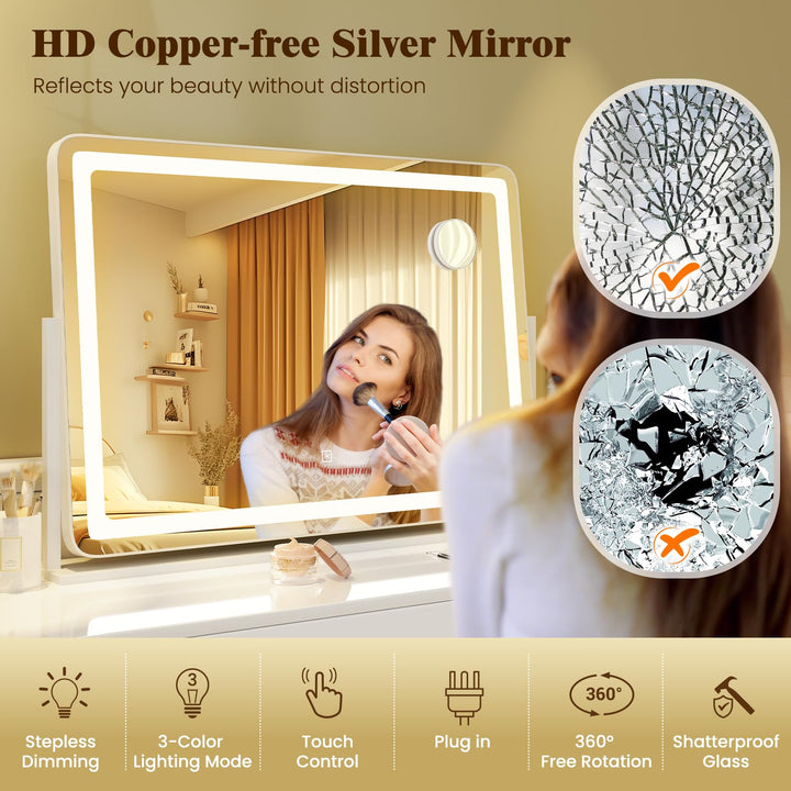 CHARMAID Vanity Mirror with Lights - 32'' x 22'' Large Lighted Vanity Makeup Mirror with 10X Magnify Mirror