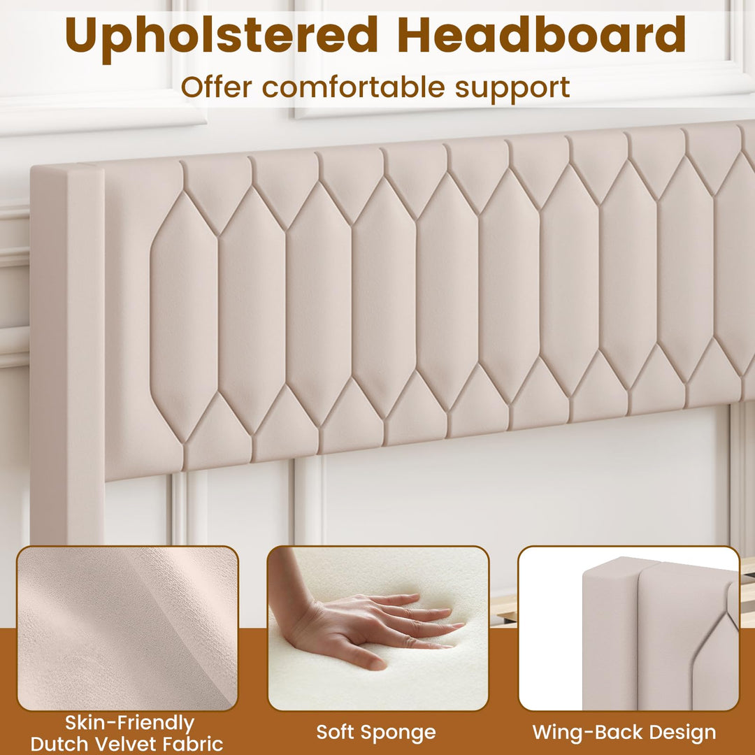 Giantex Queen Size Dutch Velvet/Linen Fabric Upholstered Platform Bed with Wingback Headboard and Wooden Slat Support