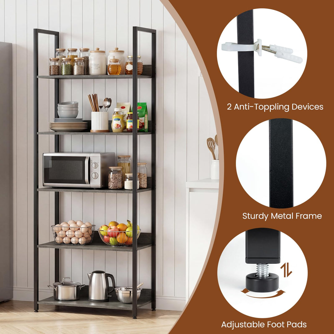 Giantex 5-Tier Tall Wooden Open Bookcase with Back Panels &amp; Metal Frame (1/2)