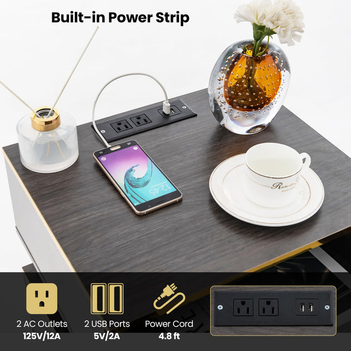 Giantex Nightstand with Charging Station & LED Lights, 28.5" Bedside Table with 2 Drawers