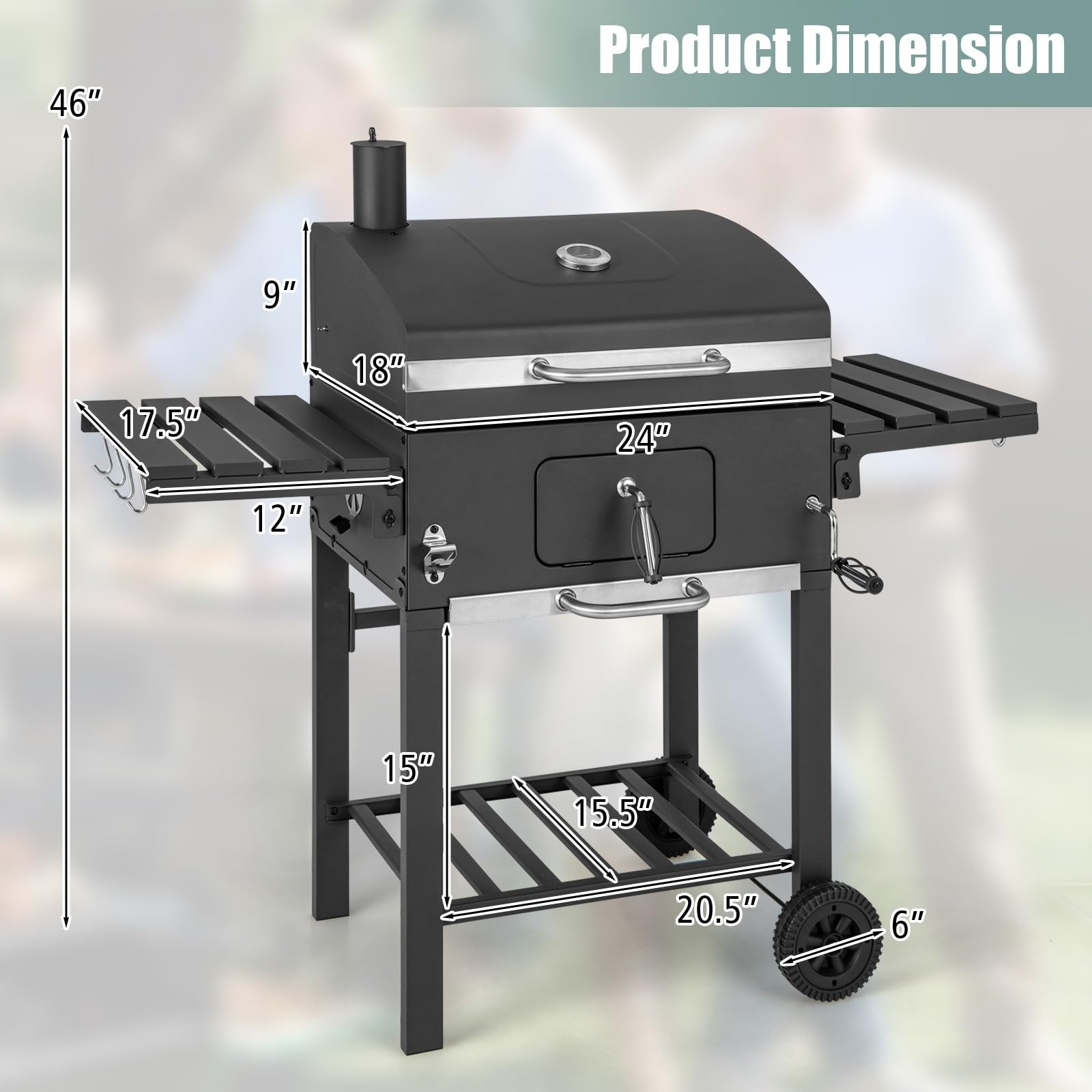 Giantex 24-Inch Charcoal Grill - 2 Foldable Side Tables, Bottom Storage Shelf, 8 Hooks, Adjustable Charcoal Tray