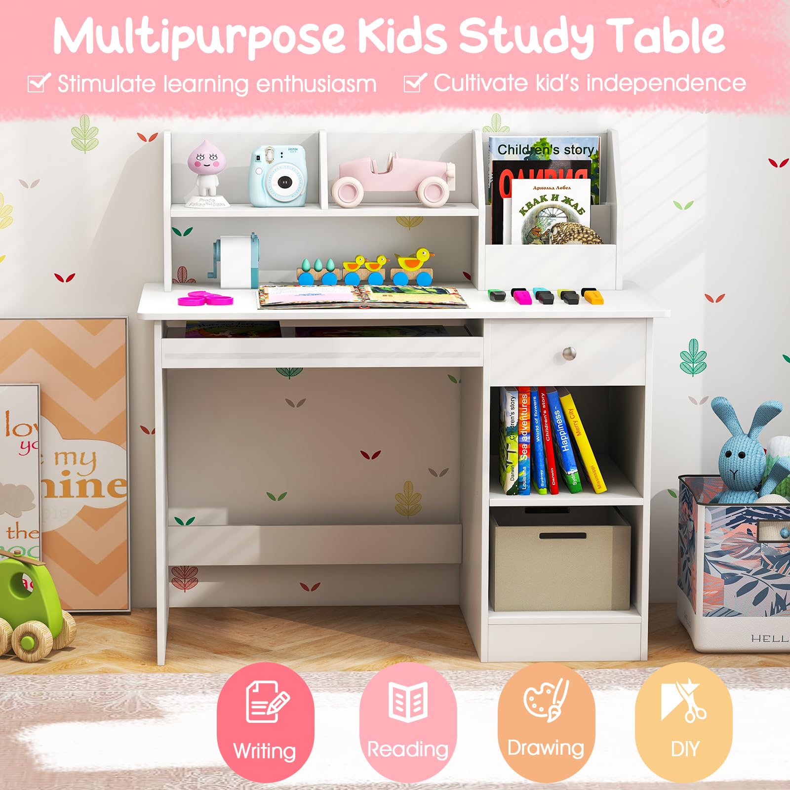 Giantex Kids Study Desk, Children Wooden Writing Table with Hutch