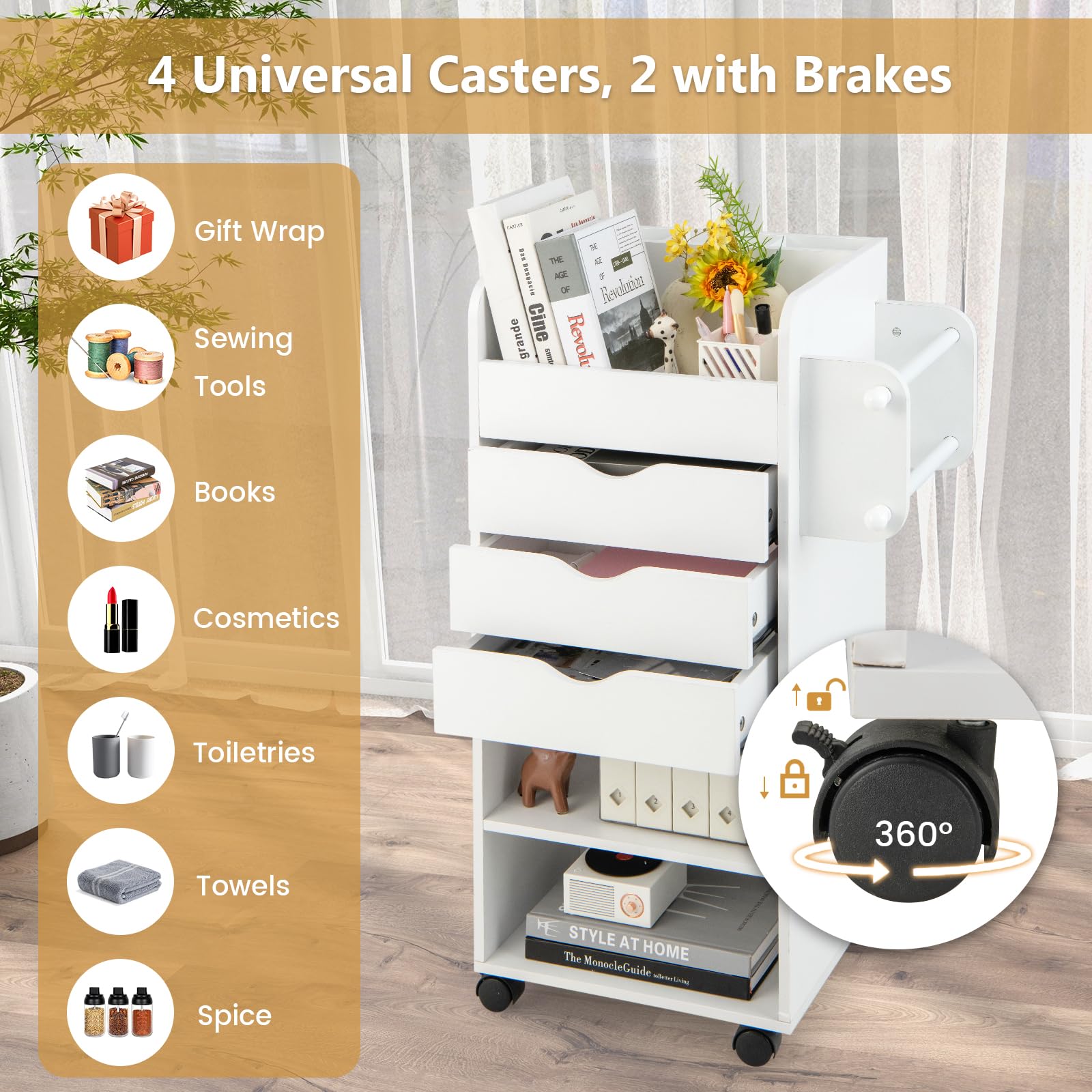 Giantex Craft Storage Cart - Utility Organizer Cart with 3 Drawers, 3 Shelves (White)