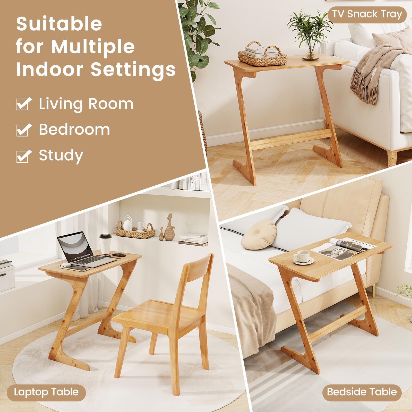 Giantex Bamboo TV Tray Table, Z Shaped Sofa Couch Side Table for Eating Snacks Coffee Laptop