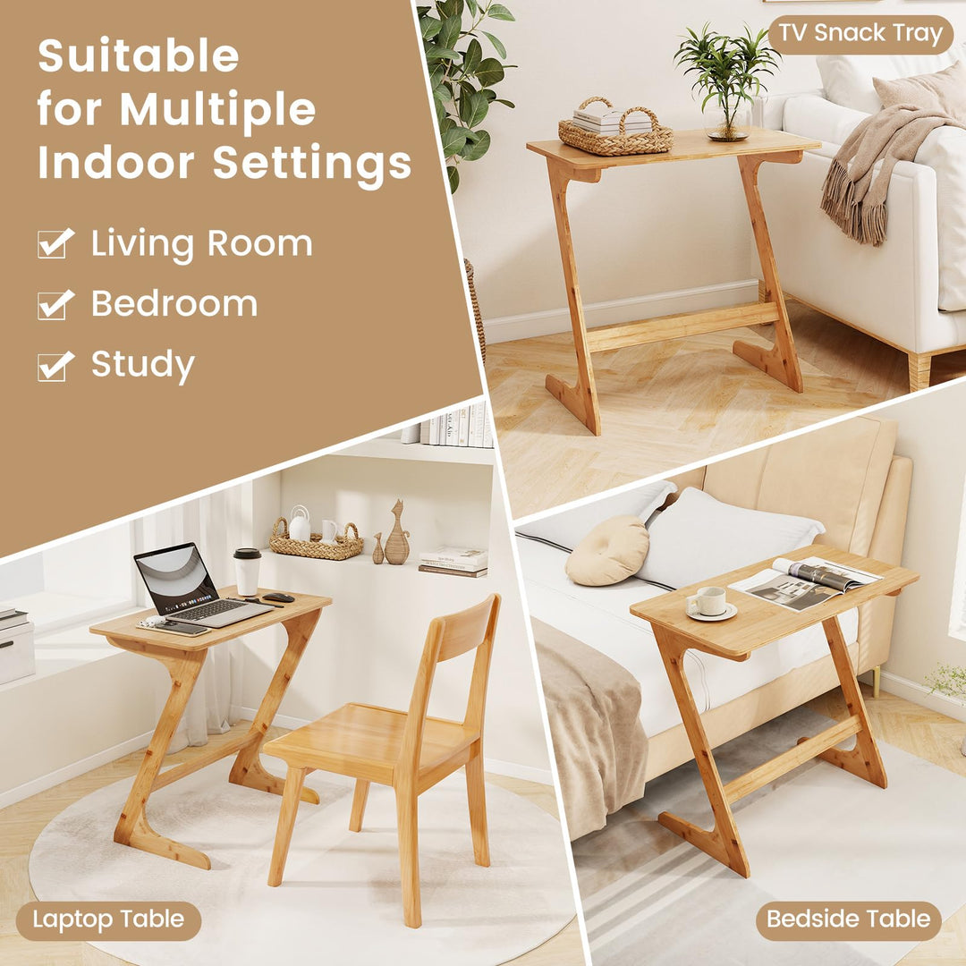 Giantex Bamboo TV Tray Table, Z Shaped Sofa Couch Side Table for Eating Snacks Coffee Laptop