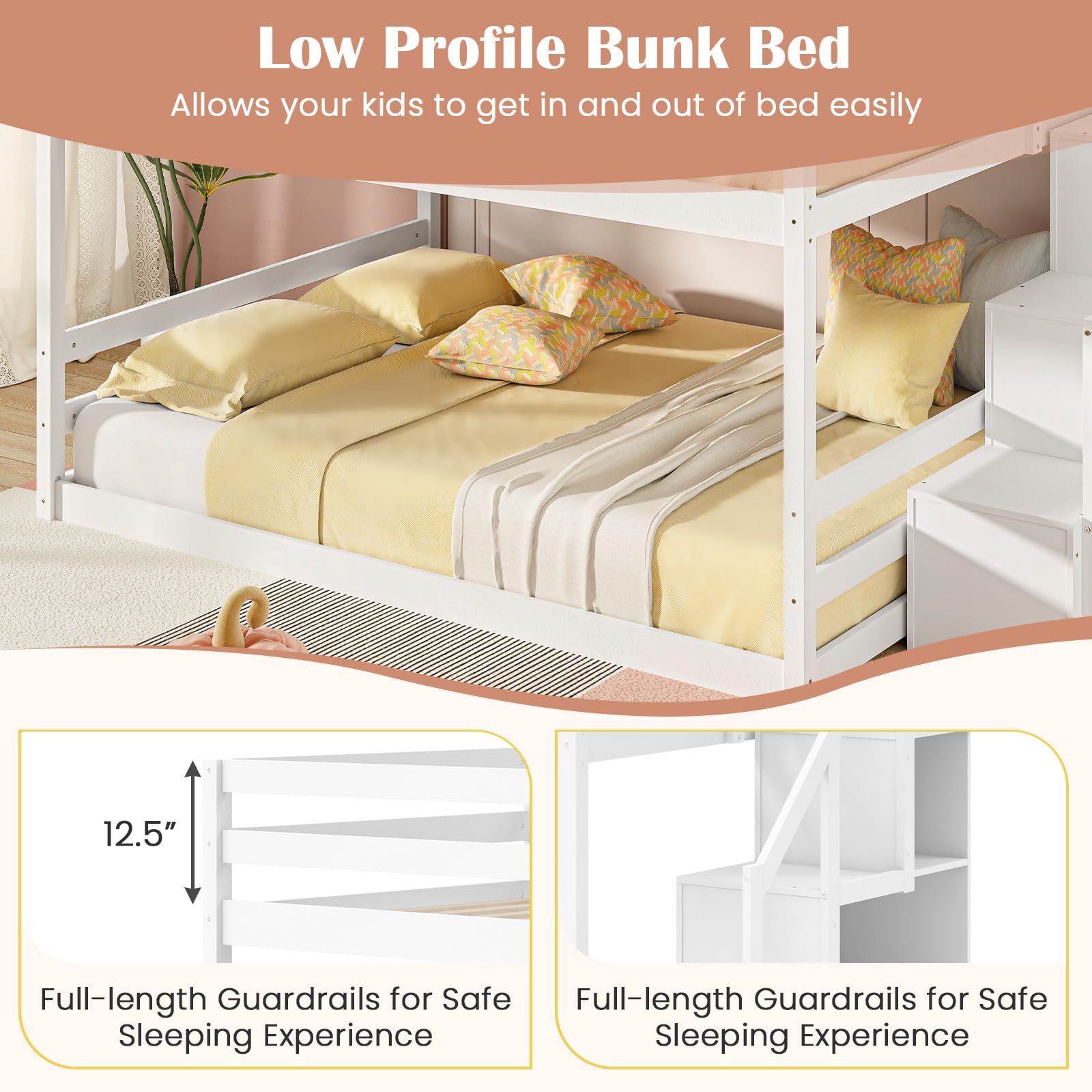 Giantex Bunk Bed with Stairs, Solid Wood Floor Bunk Bed with Storage Staircase & Full-Length Guardrails