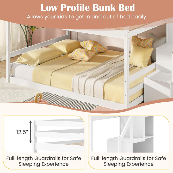 Giantex Bunk Bed with Stairs, Solid Wood Floor Bunk Bed with Storage Staircase & Full-Length Guardrails