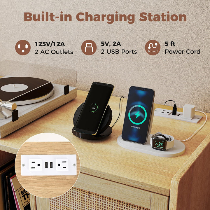 Giantex Record Player Stand w/ Charging Station w/ Rattan Cabinet (Natural)