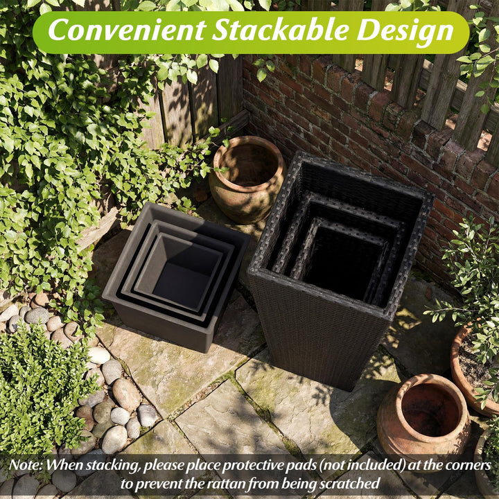 Giantex 3-Piece Wicker Planters Tapered PP Rattan Plant Boxes with Plastic Flower Pots