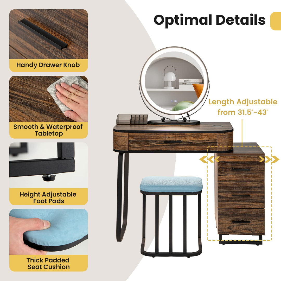 CHARMAID Makeup Vanity Table with Lights, Vanity Desk with 3 Color Lighted Mirror, Rustic Brown