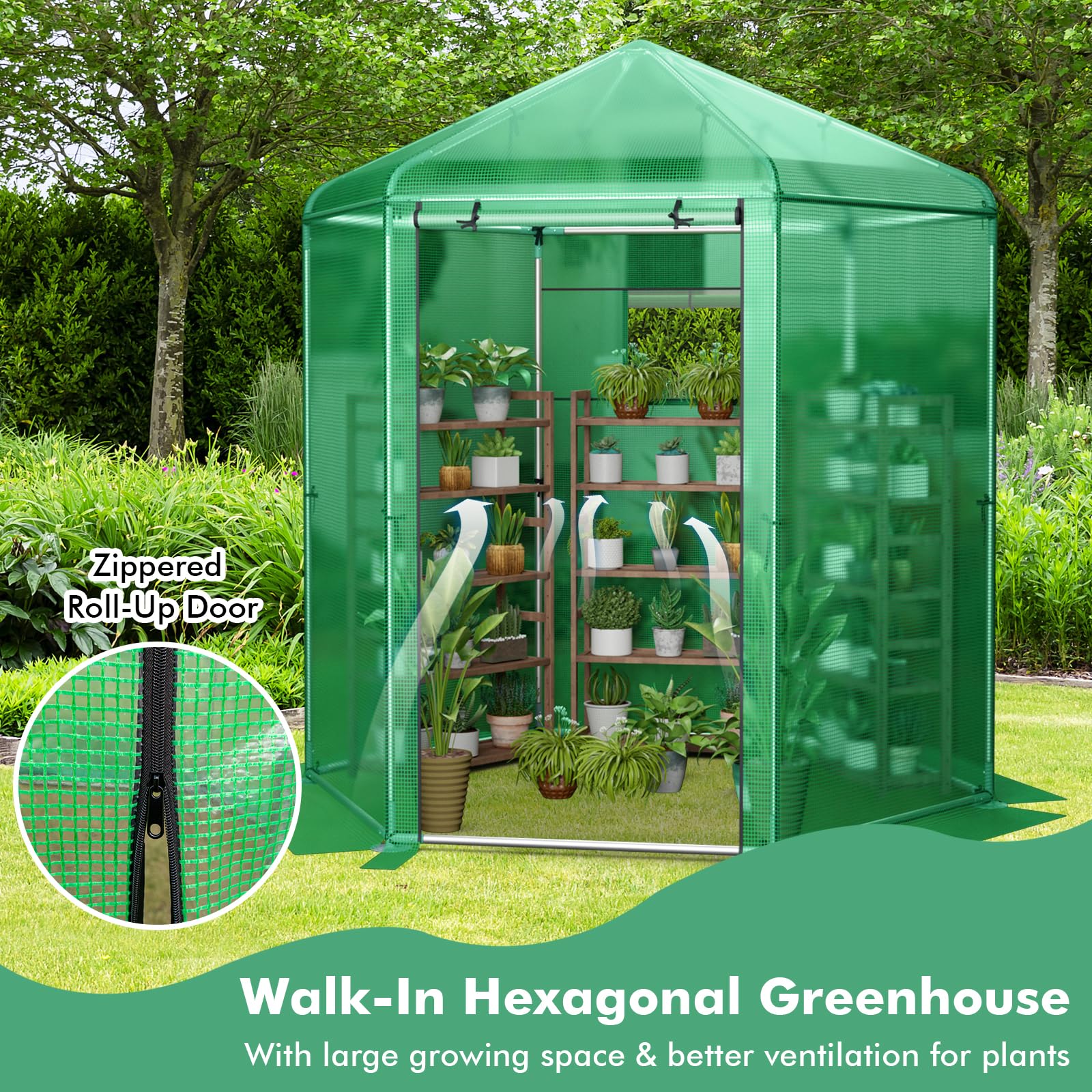 Giantex 7 x 6 x 7.5 FT Greenhouse, Large Hexagonal Walk in Greenhouse Outdoor with Heavy-Duty Metal Frame