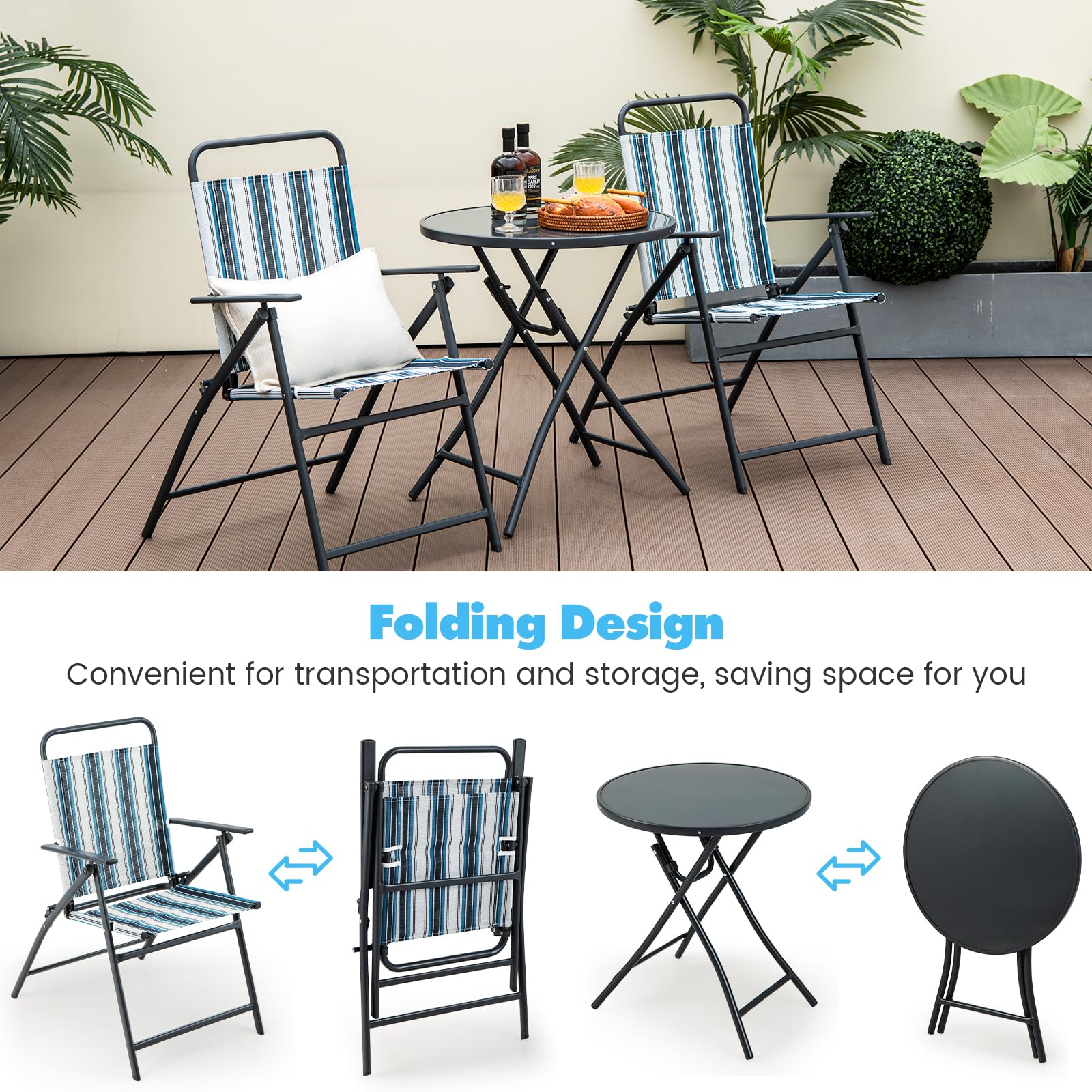 Giantex 3 Pcs Patio Bistro Set, Folding Table and Chairs Set