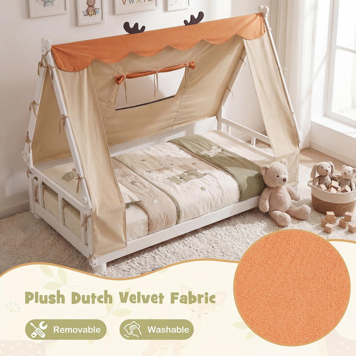 Giantex Twin Size House Floor Wood Bed with Tent