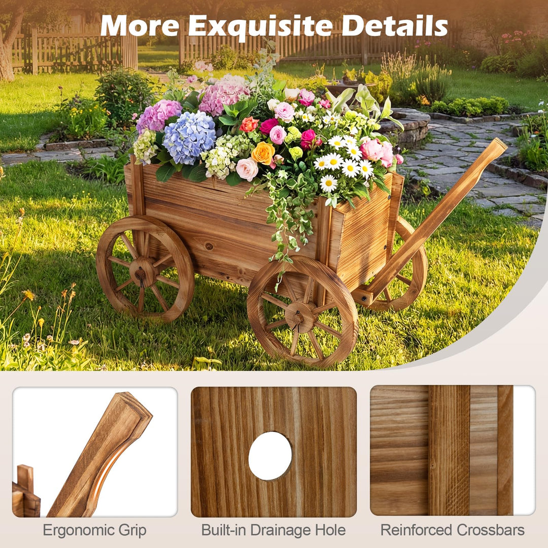 Giantex Wood Wagon Planter Rustic Rolling Flower Pot Stand