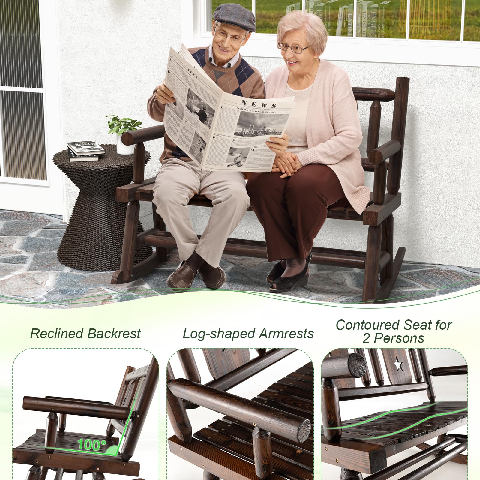Giantex Outdoor Rocking Bench, Patio Loveseat Rocker for 2 w/Ergonomic Back & Log Arms, Carbonized Fir Wood Frame