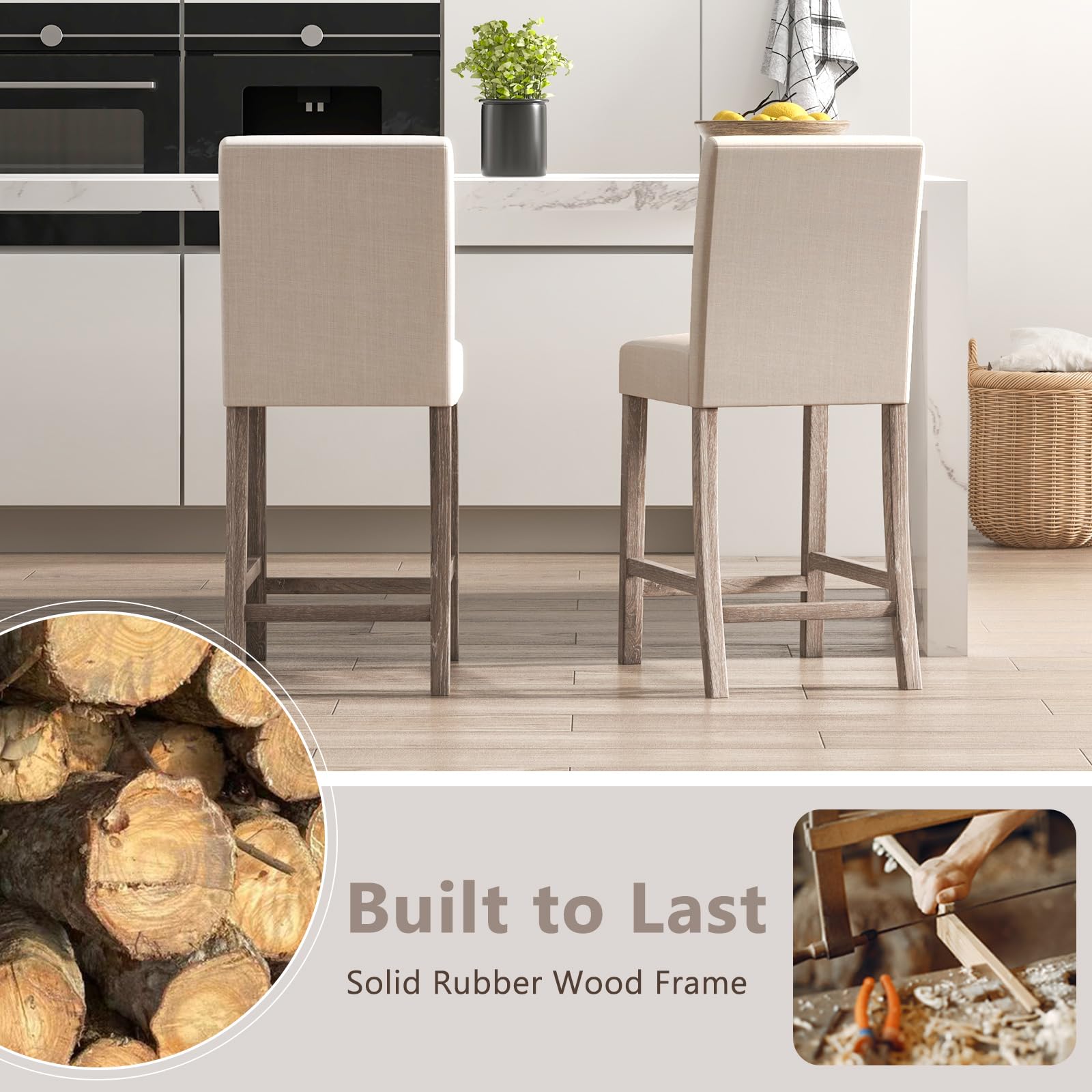 Giantex Bar Stools Counter Height, 24.5" Modern Fabric Bar Chairs with Back, Footrest & Solid Wood Legs