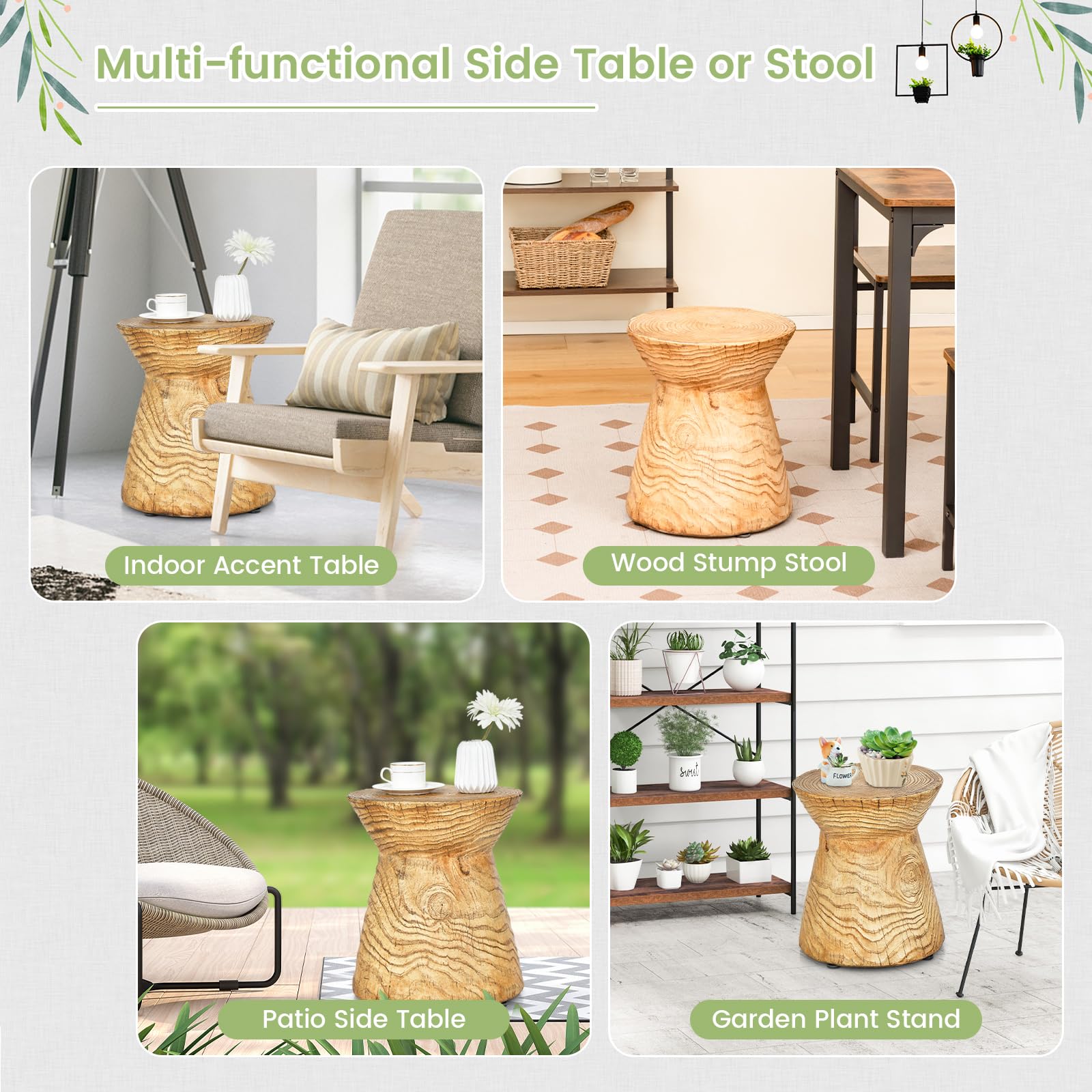 Giantex Hourglass-Shaped Outdoor Side Table - 14.5”D x 17”H Hollow Garden Stool W/Wood Grain