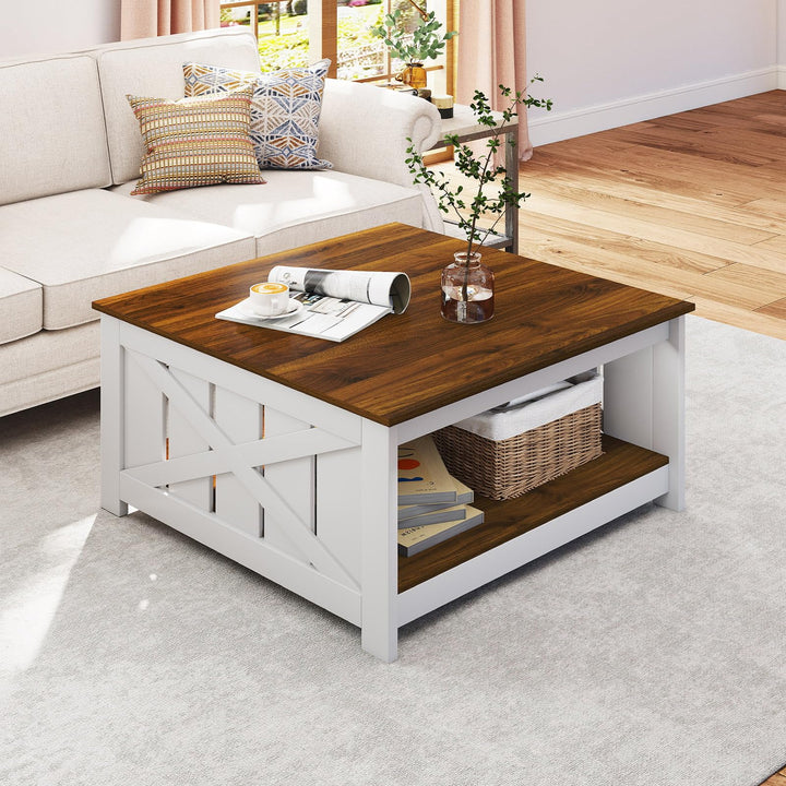 Giantex Farmhouse Coffee Table 31 Inch Square Wood Coffee Table with Storage Shelf
