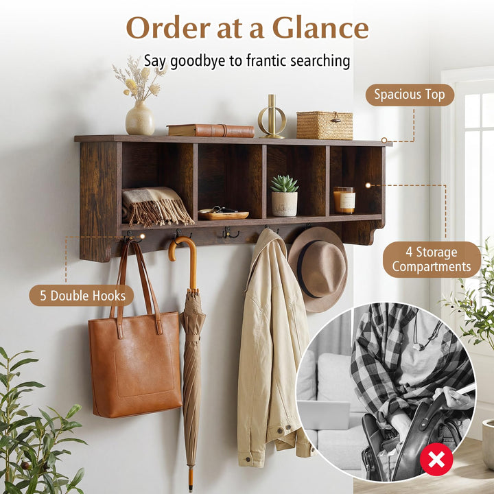 Giantex Wall Mounted Coat Rack with 4 Cubbies &amp; 5 Double Hooks