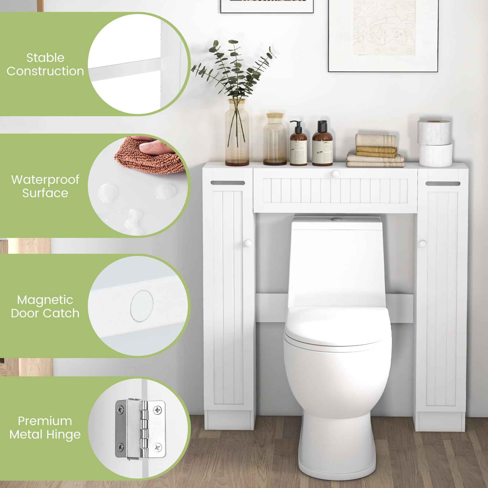 Over-The-Toilet Rack Bathroom Shelf Storage Cabinet Wooden Drop Door Freestanding Spacesaver Improvements, White
