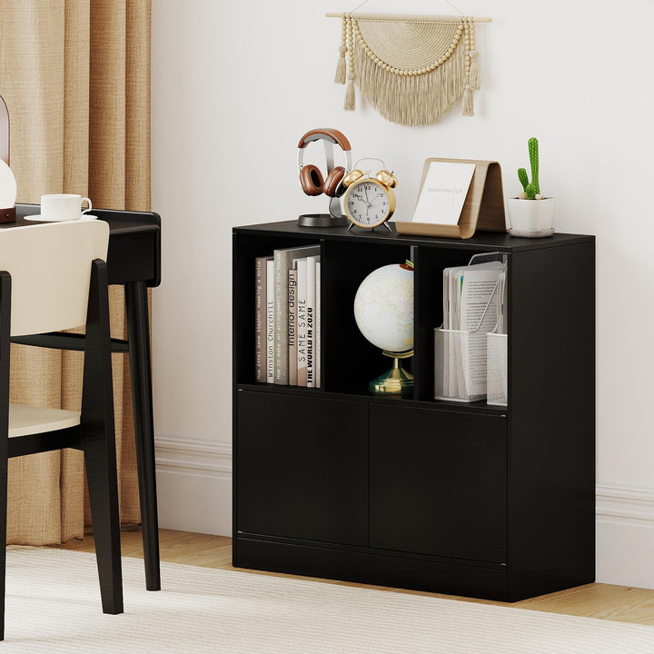 Giantex 3-Cube Bookcase with Doors | 3-Tier Cubic Bookshelf w/Open Compartments & Cabinet