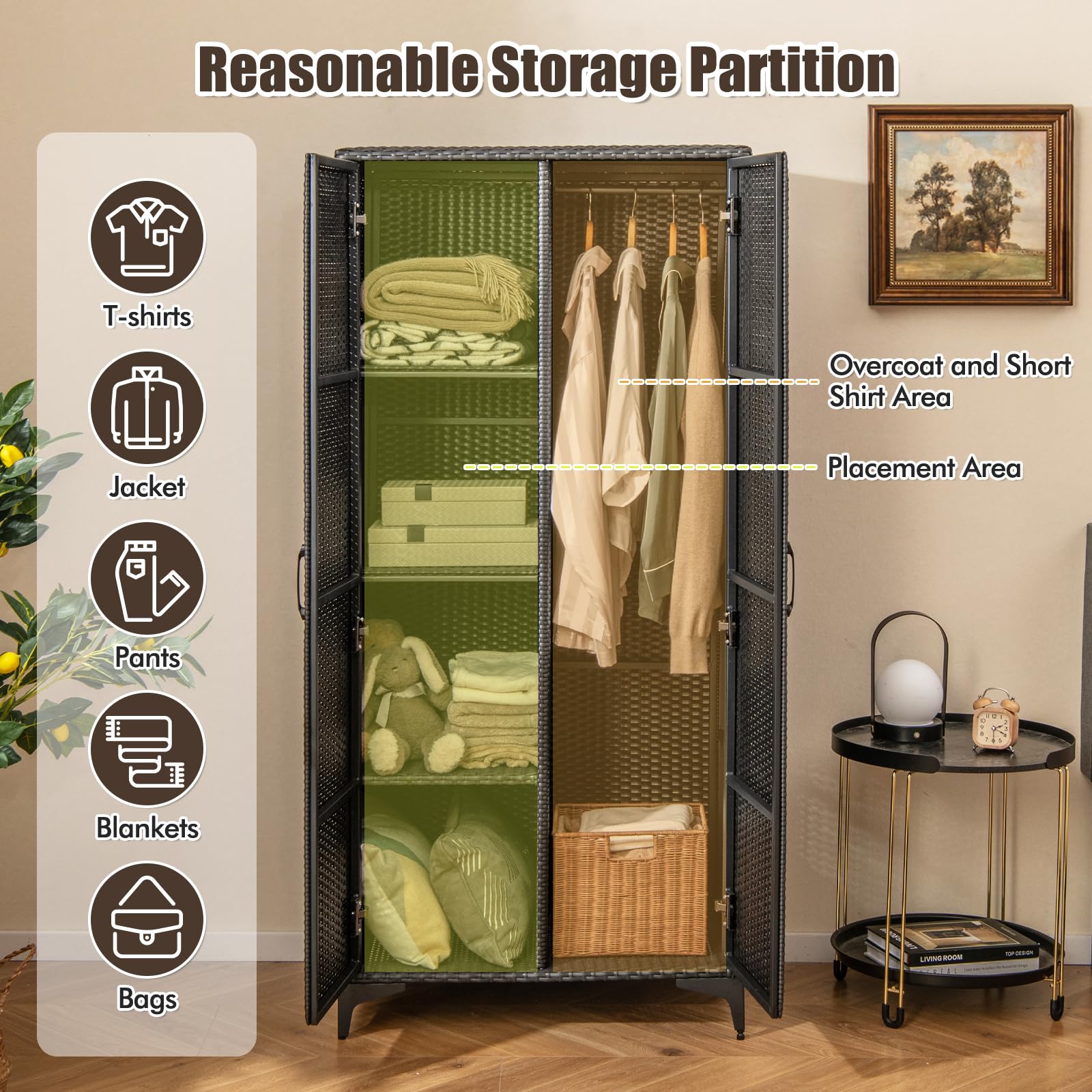 Giantex Wicker Storage Cabinet, 62” Tall Pantry Cabinet with 2 Doors, Hanging Rod, 4 Storage Cubes