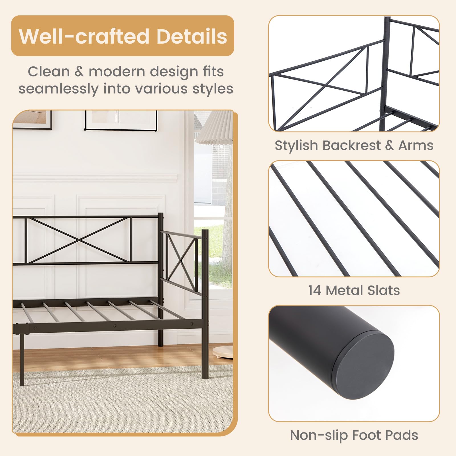 Giantex Twin Size Daybed Frame, Metal Sofa Bed w/Heavy Duty Steel Slats Support