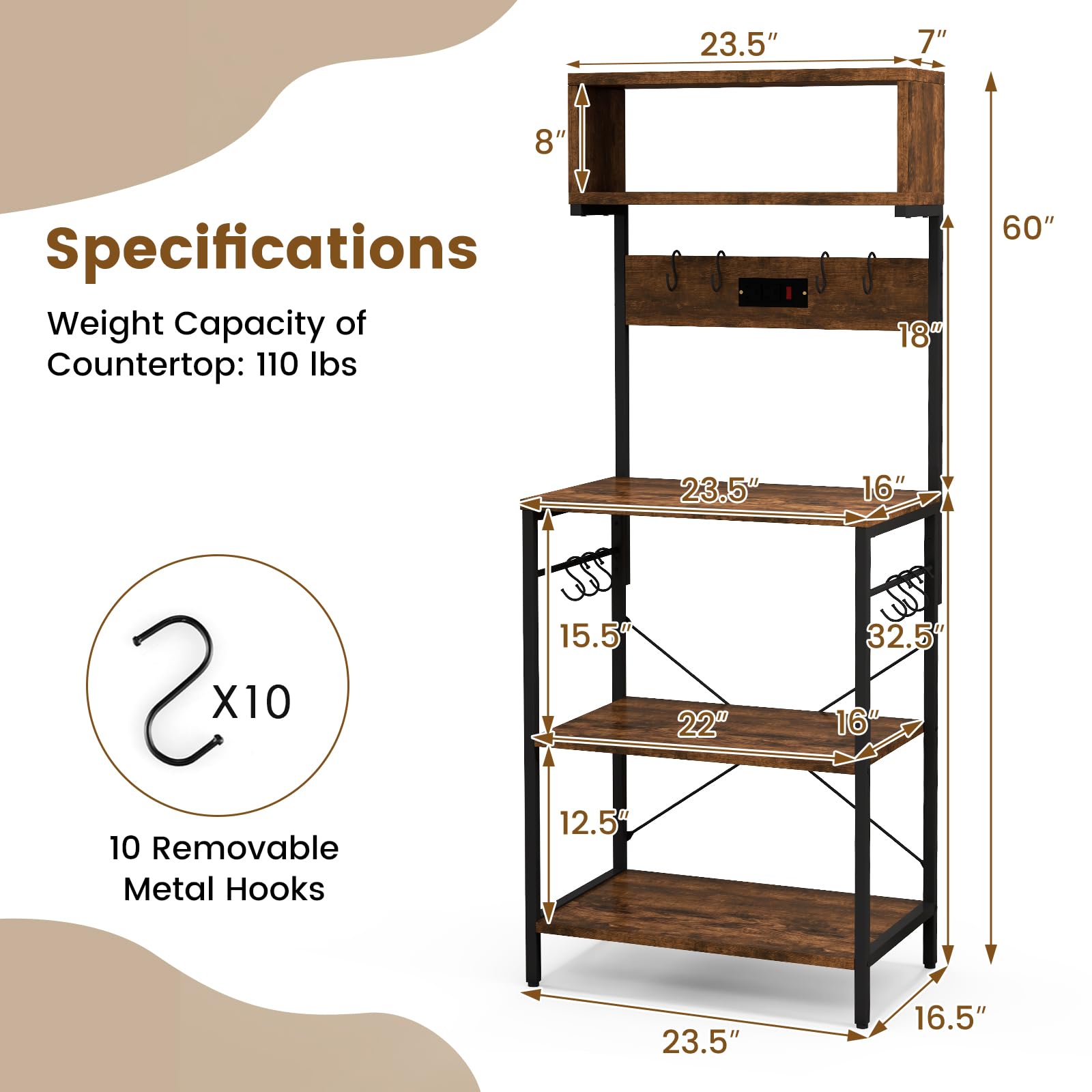 Giantex Bakers Rack with Power Outlet, 5-Tier Microwave Stand w/ 10 S-shape Hooks