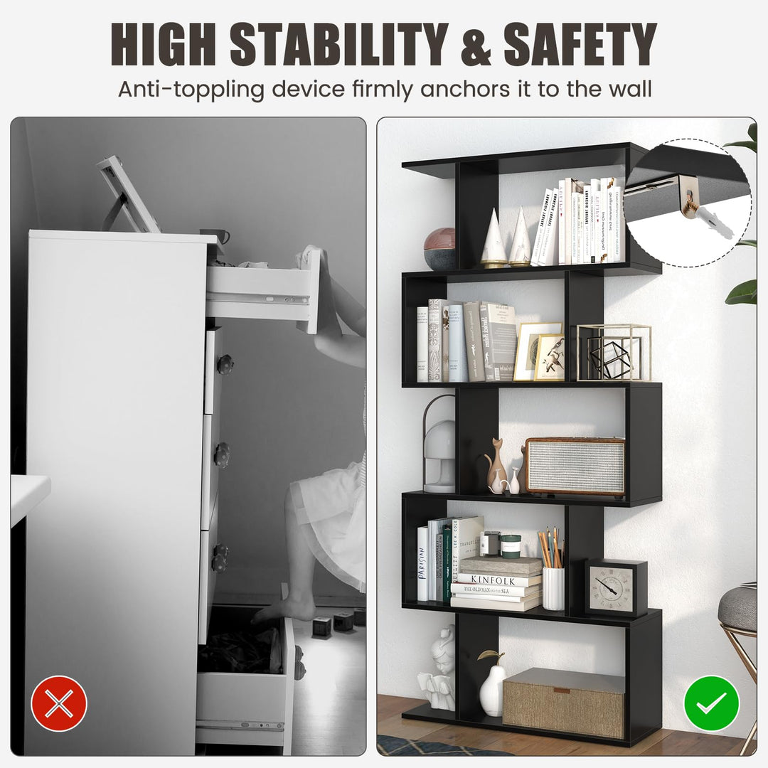 Giantex 5-Tier Geometric Bookshelf, 62.5" Tall Wood S-Shaped Bookcase with Anti-Tipping Device