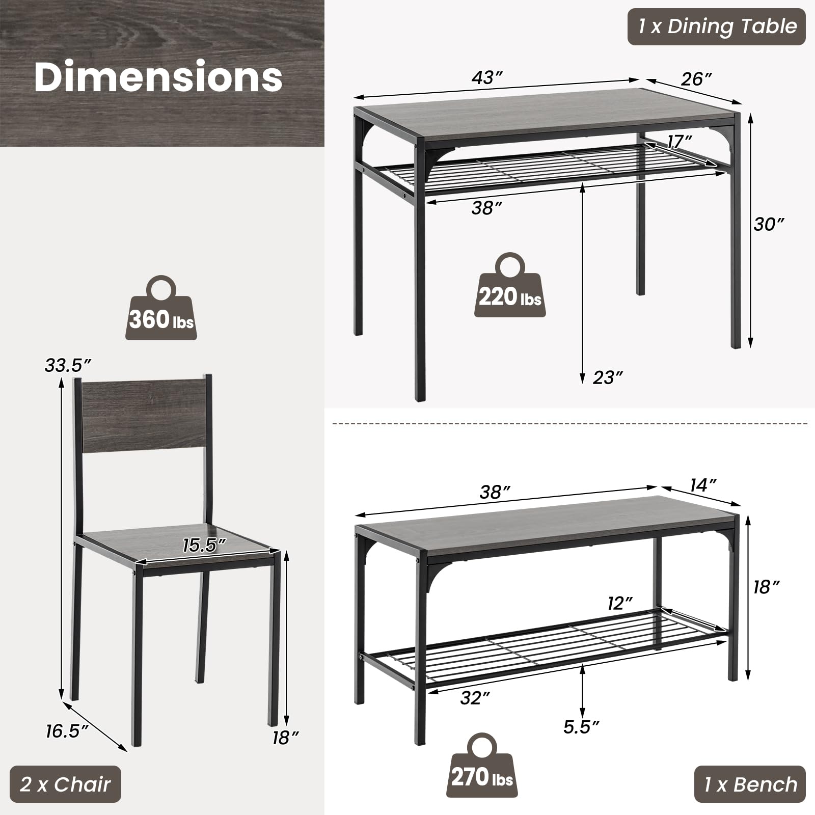 Giantex Dining Table Set for 4, Kitchen Table with Chairs & Bench, Storage Racks