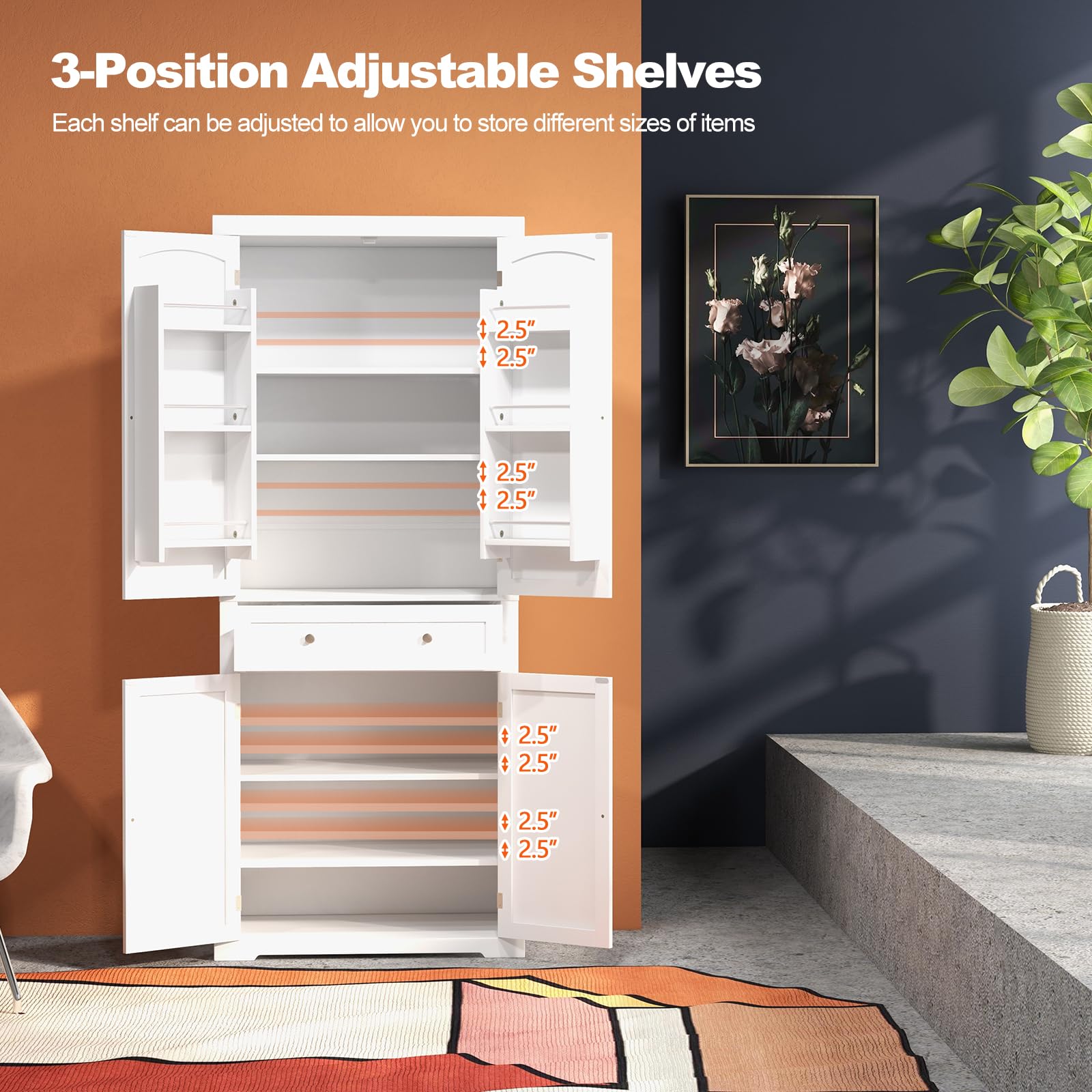 Giantex 72” Freestanding Kitchen Pantry Cabinet, 4 Doors Cupboard Kitchen Cabinet w/ 4 Adjustable Shelves & Drawer