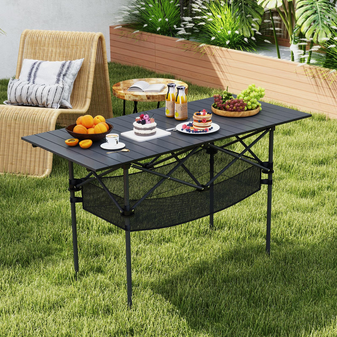 Giantex Folding Camping Table Portable Picnic Table w/Aluminum Roll-up Tabletop & Mesh Basket