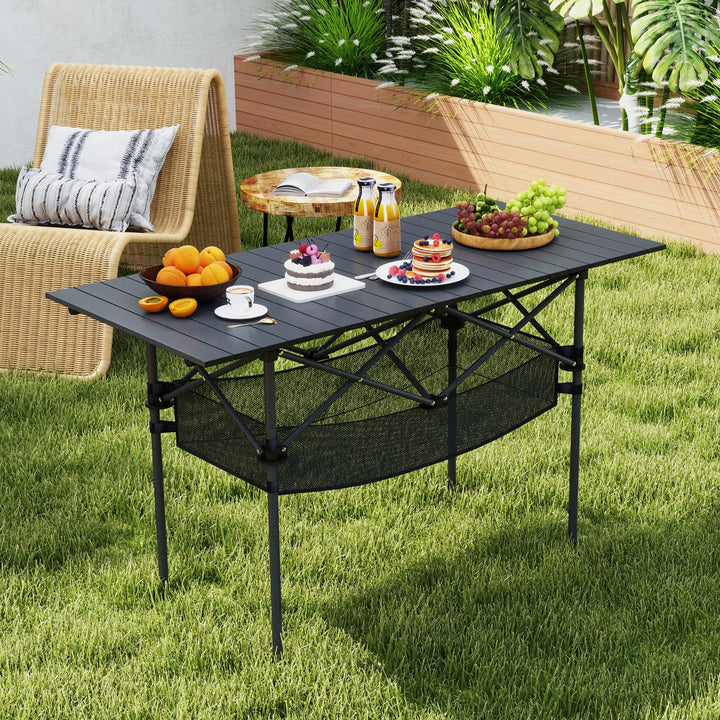Giantex Folding Camping Table Portable Picnic Table w/Aluminum Roll-up Tabletop & Mesh Basket