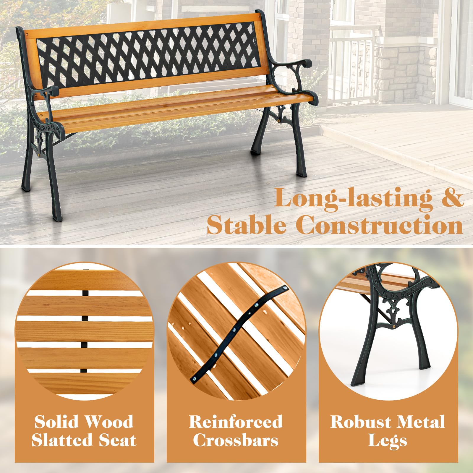 Giantex Outdoor Bench, 3-Person Garden Bench with Slatted Seat, Curved Armrests, 470 Lbs Capacity