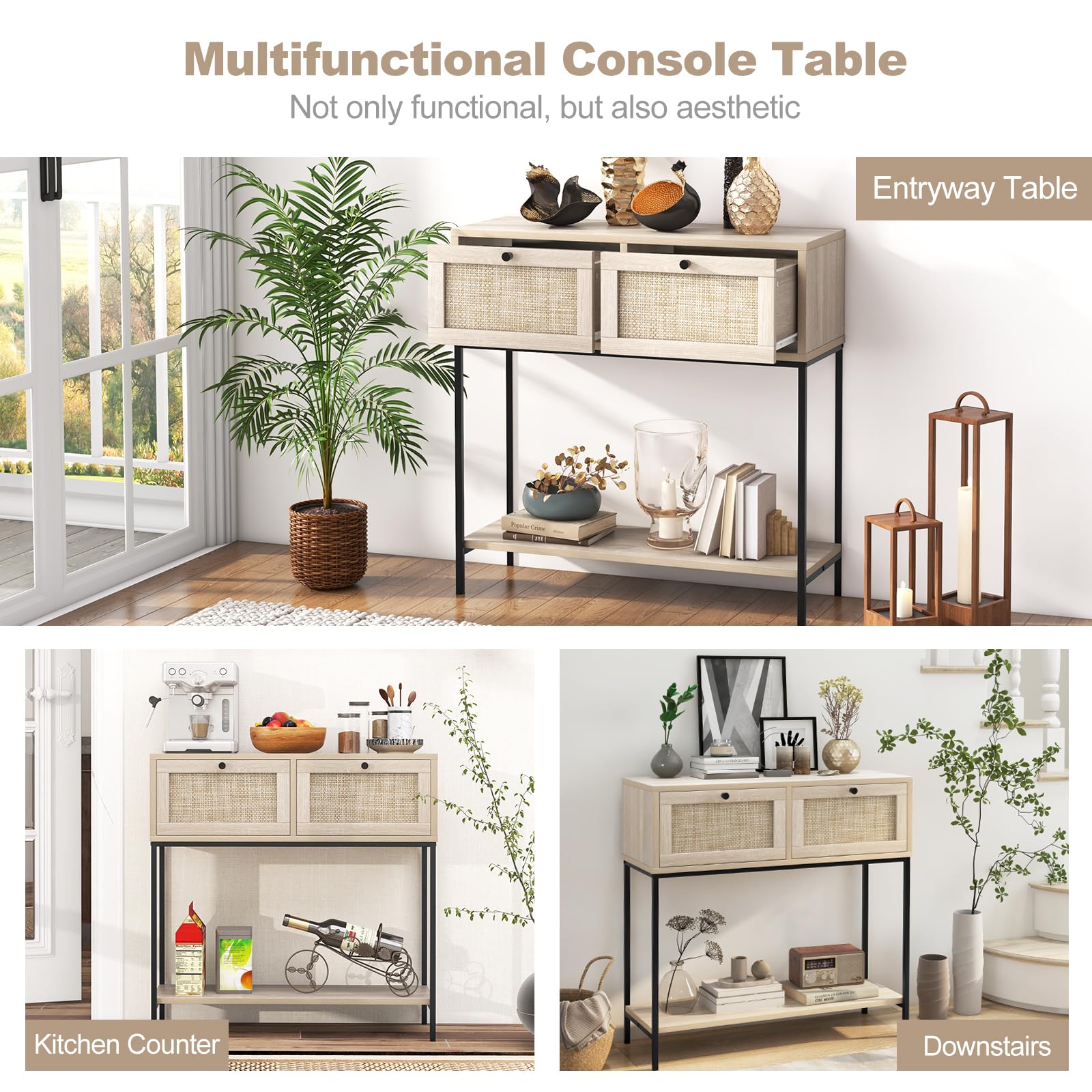 Giantex Console Table with Rattan Drawers - 31.5" Entryway Table w/ 2 Drawers & Open Storage Shelf