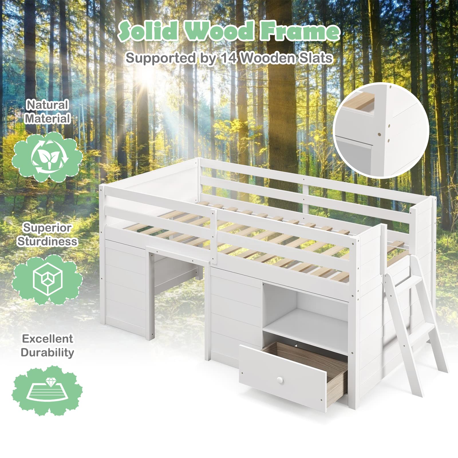 Giantex Twin Low Loft Bed with Storage, Solid Wood House Loft Bed with Drawer & Activity Center, White