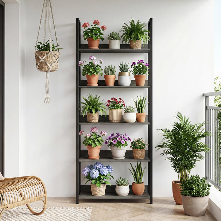 Giantex 5-Tier Tall Wooden Open Bookcase with Back Panels &amp; Metal Frame (1/2)