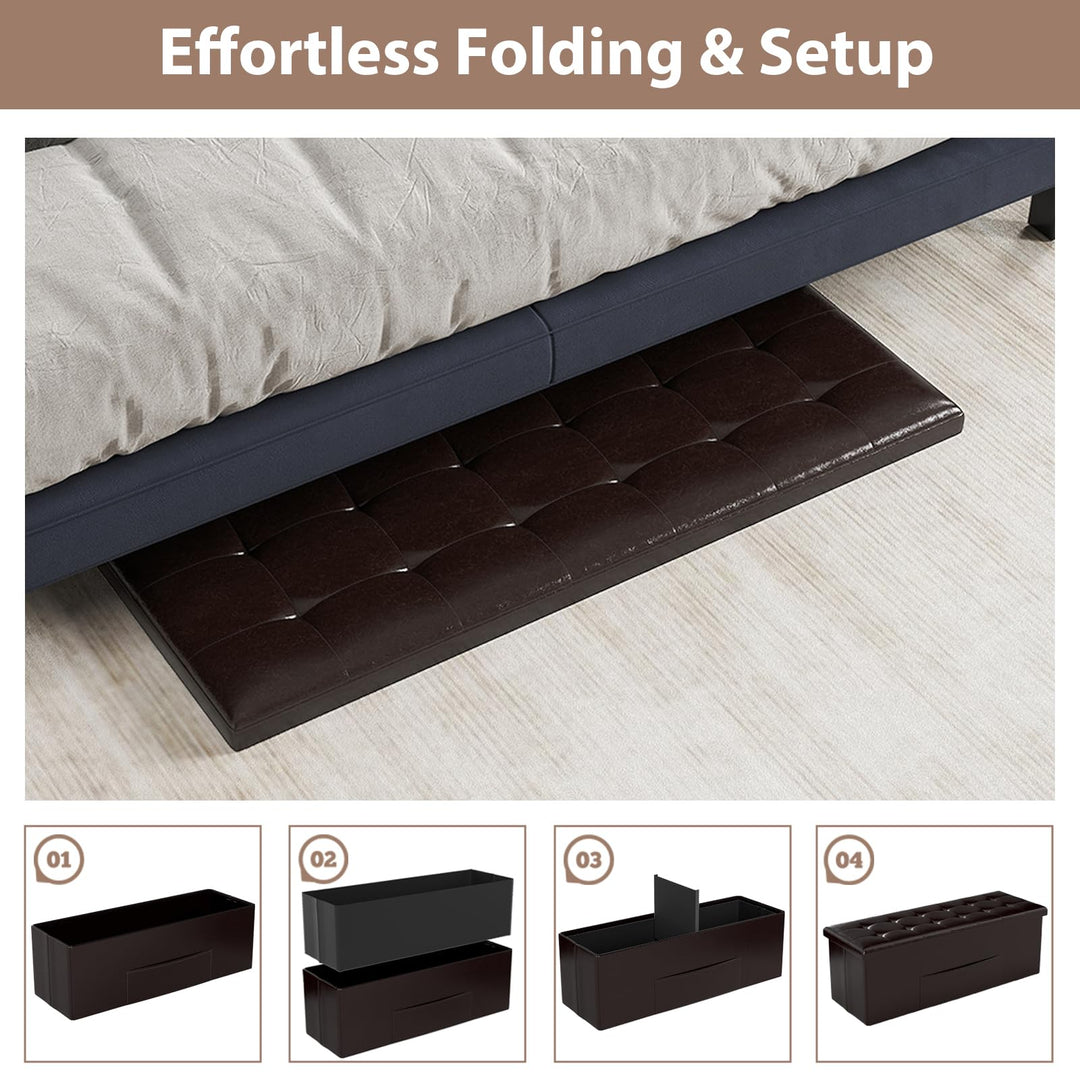 Giantex 43 Inches Folding Storage Ottoman Bench Upholstered PU Leather Storage Chest with Side Pocket