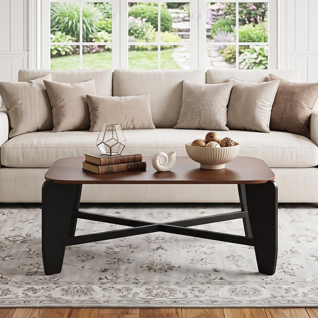 GIANTEX 35.5" Solid Rubber Wood Coffee Table with Round Corners