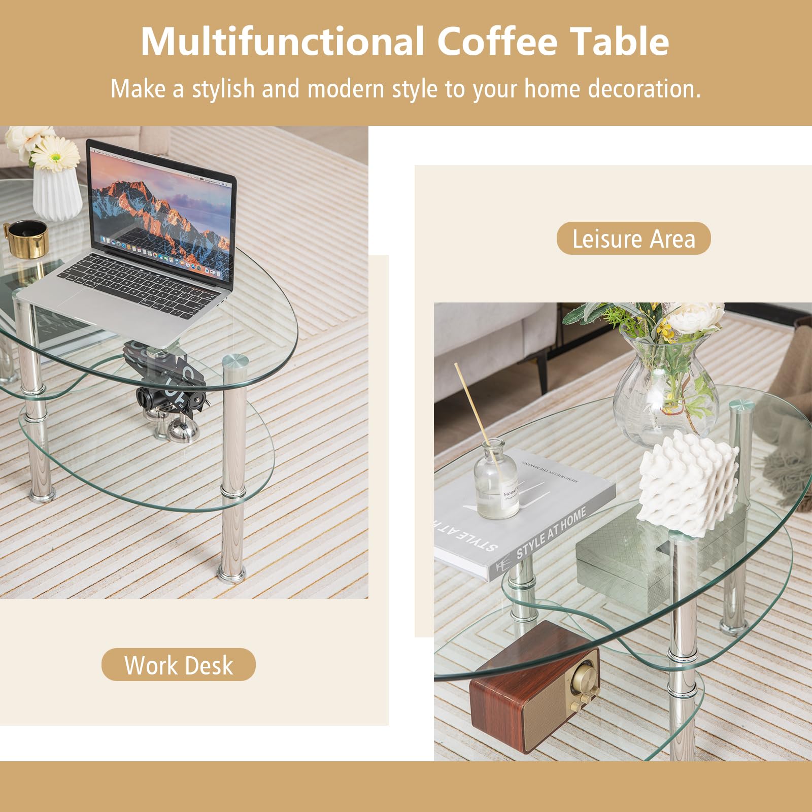 Giantex Oval Glass Coffee Table - 3-Tier Transparent Tempered Glass Center Table with Metal Stand, 35"× 20" ×18"