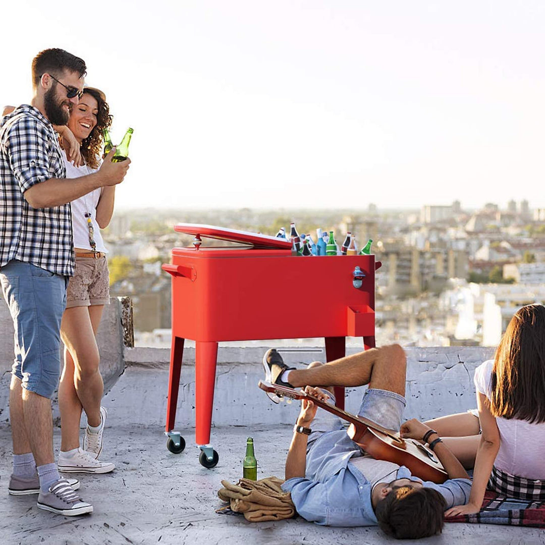 80 Quart Cooler Cart Outdoor Cooler Cart ,Portable Cooler with Casters,Red Metal