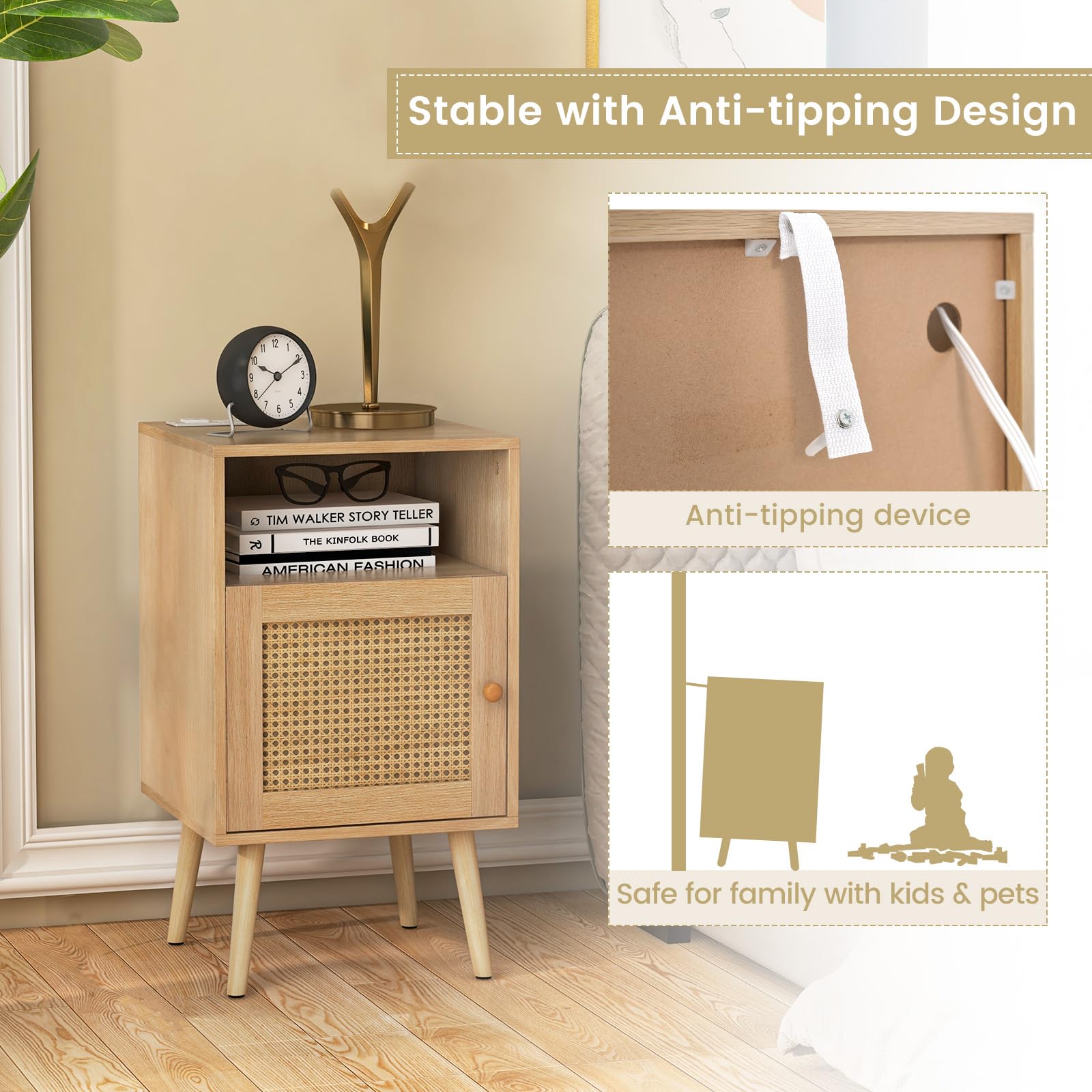 Ginatex Rattan Nightstand with Charging Station