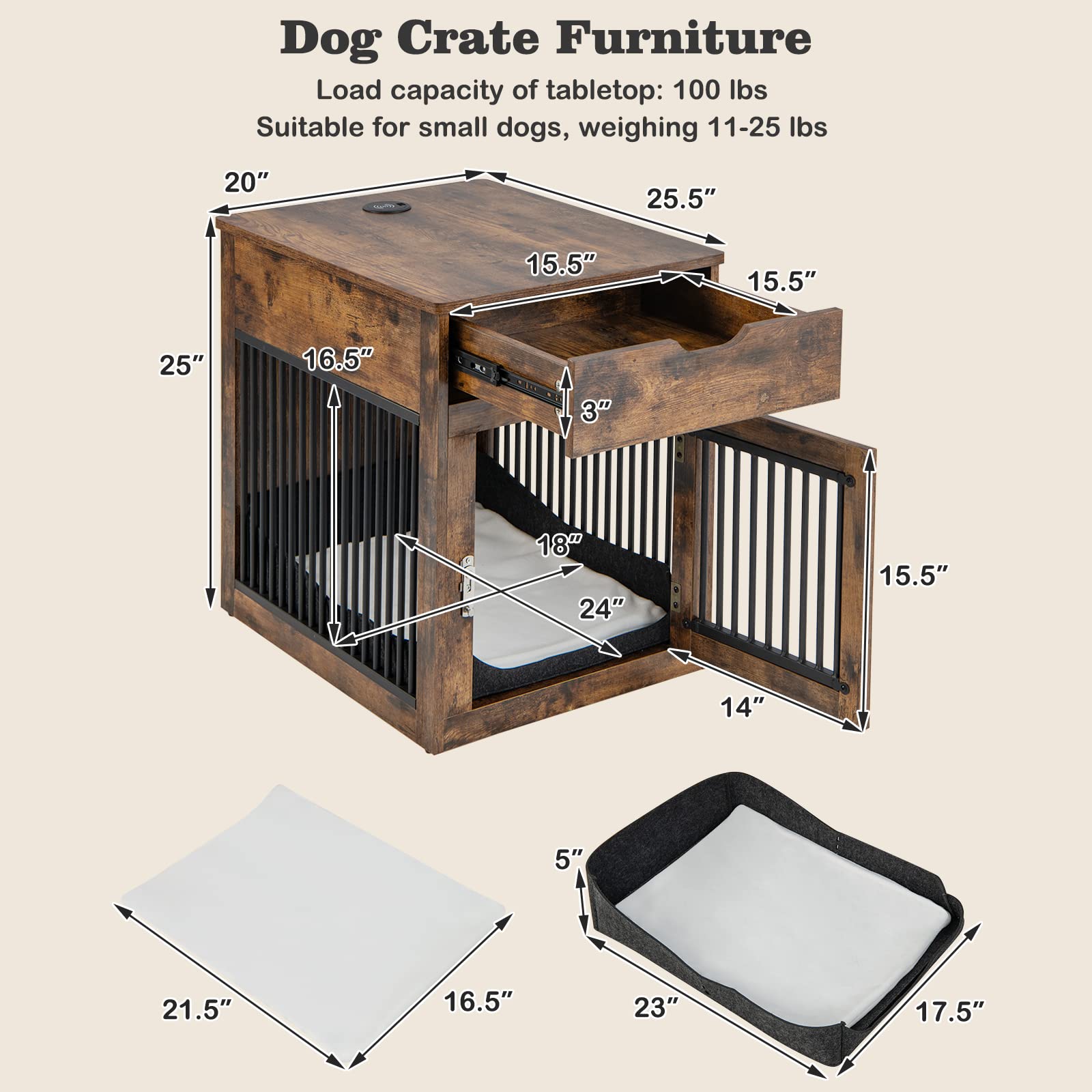 Giantex Dog Crate Furniture, Dog Kennel End Table with Chew-Proof Metal Fence, Lockable Door