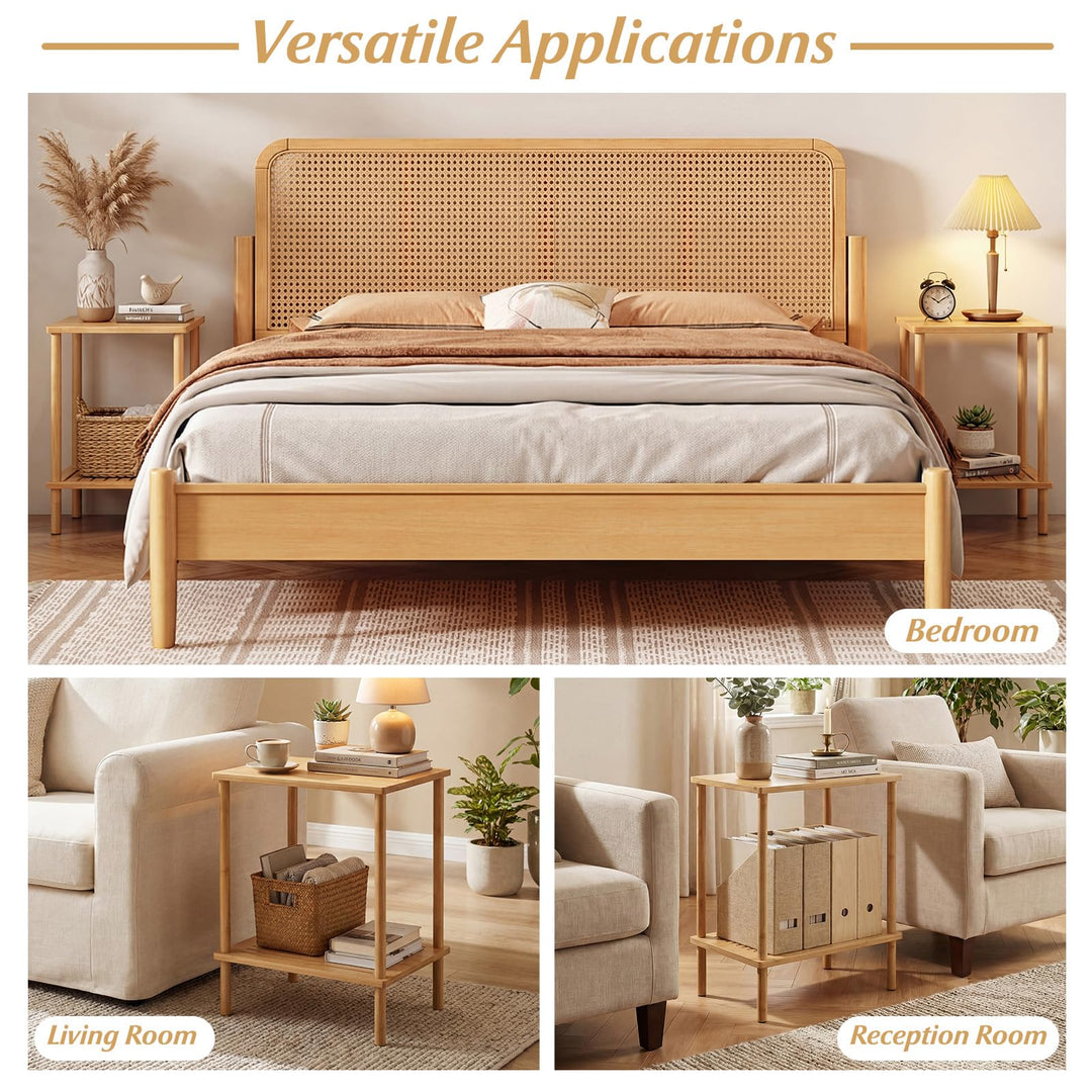 Giantex Bamboo Side Table Set of 2 w/Storage Shelves