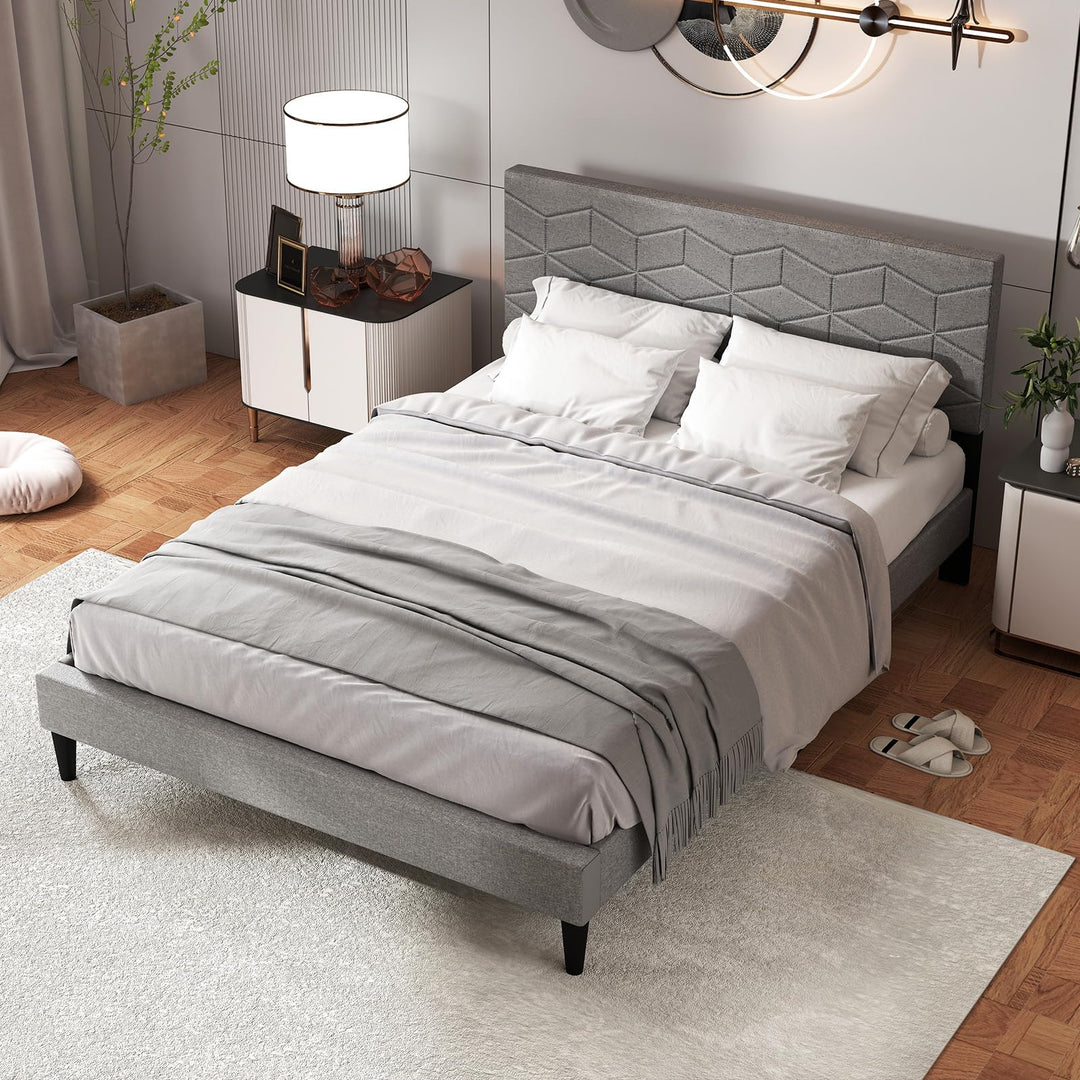 Giantex Upholstered Bed Frame Modern Platform Bed with Linen Fabric Geometric Headboard