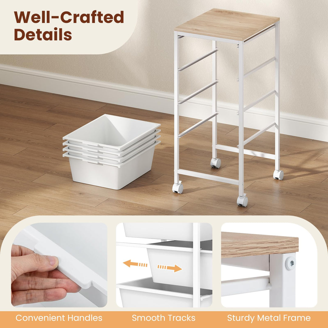 Giantex 4-Drawer Rolling Storage Cart Mobile Utility Organizer with Wooden Tabletop and Lockable Wheels