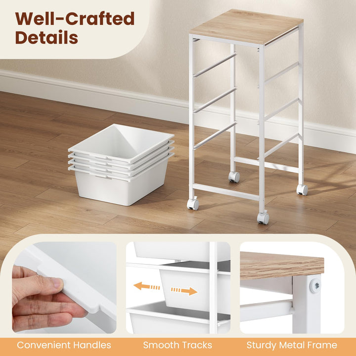 Giantex 4-Drawer Rolling Storage Cart Mobile Utility Organizer with Wooden Tabletop and Lockable Wheels