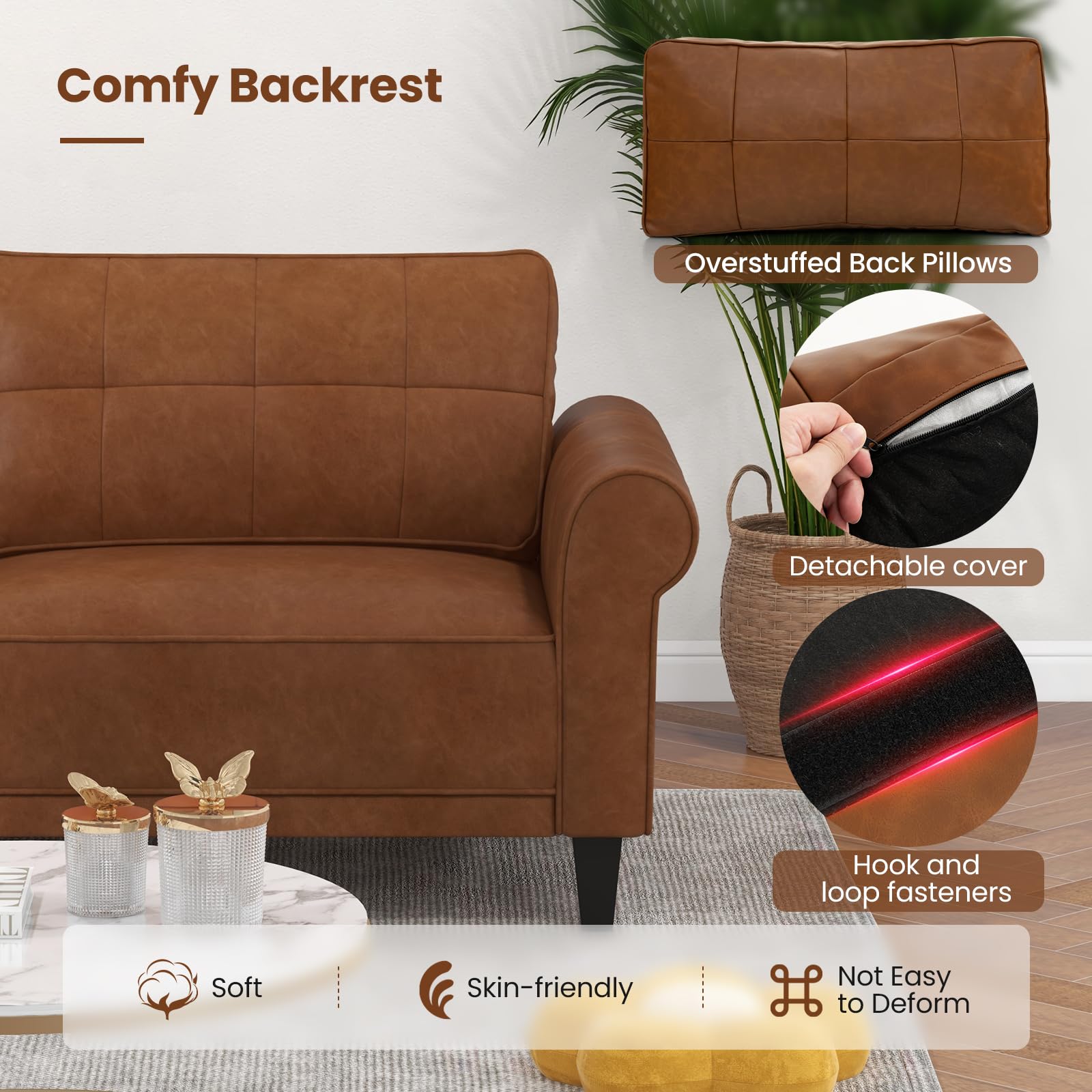 Giantex Sofa Couch, 81.5'' Upholstered 3-Seater Sofa Couch with Faux Leather (Brown)