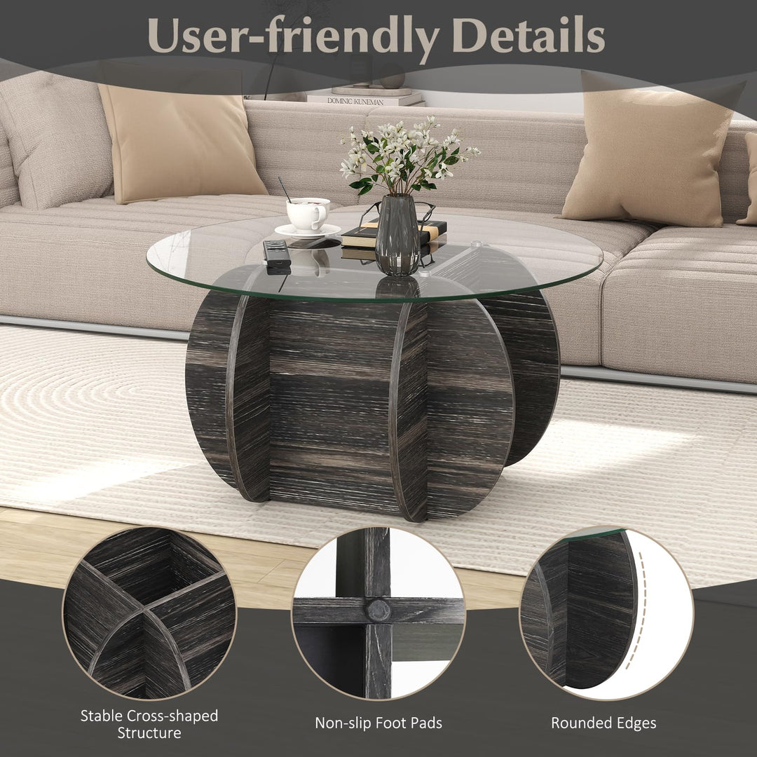Giantex 35" Glass Round Coffee Table with Storage Tempered Glass Top & Solid Wood Base